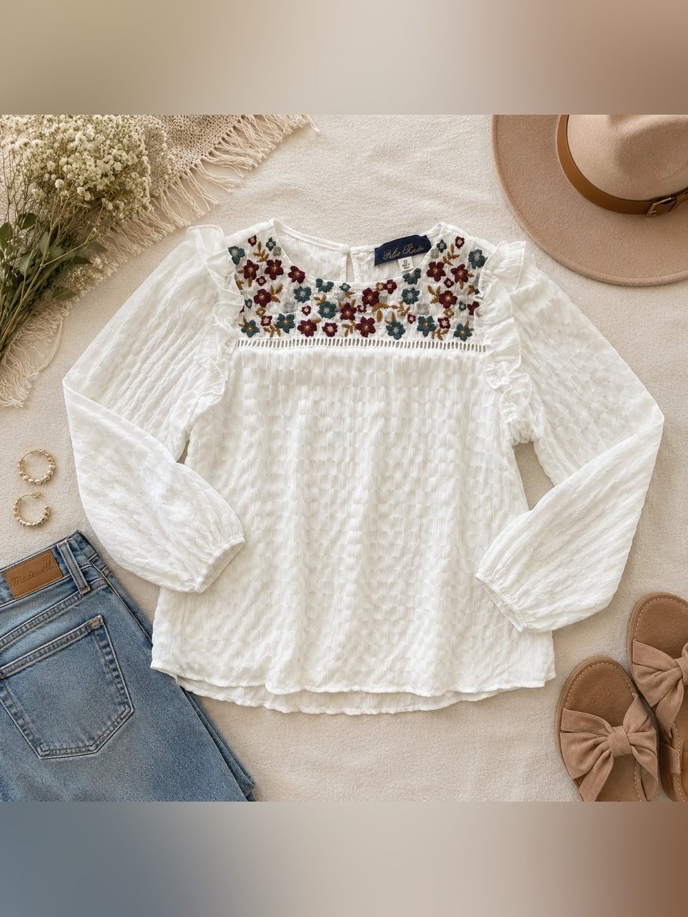 Blue Rain Floral Embroidered Smocked Peasant Blouse XS White